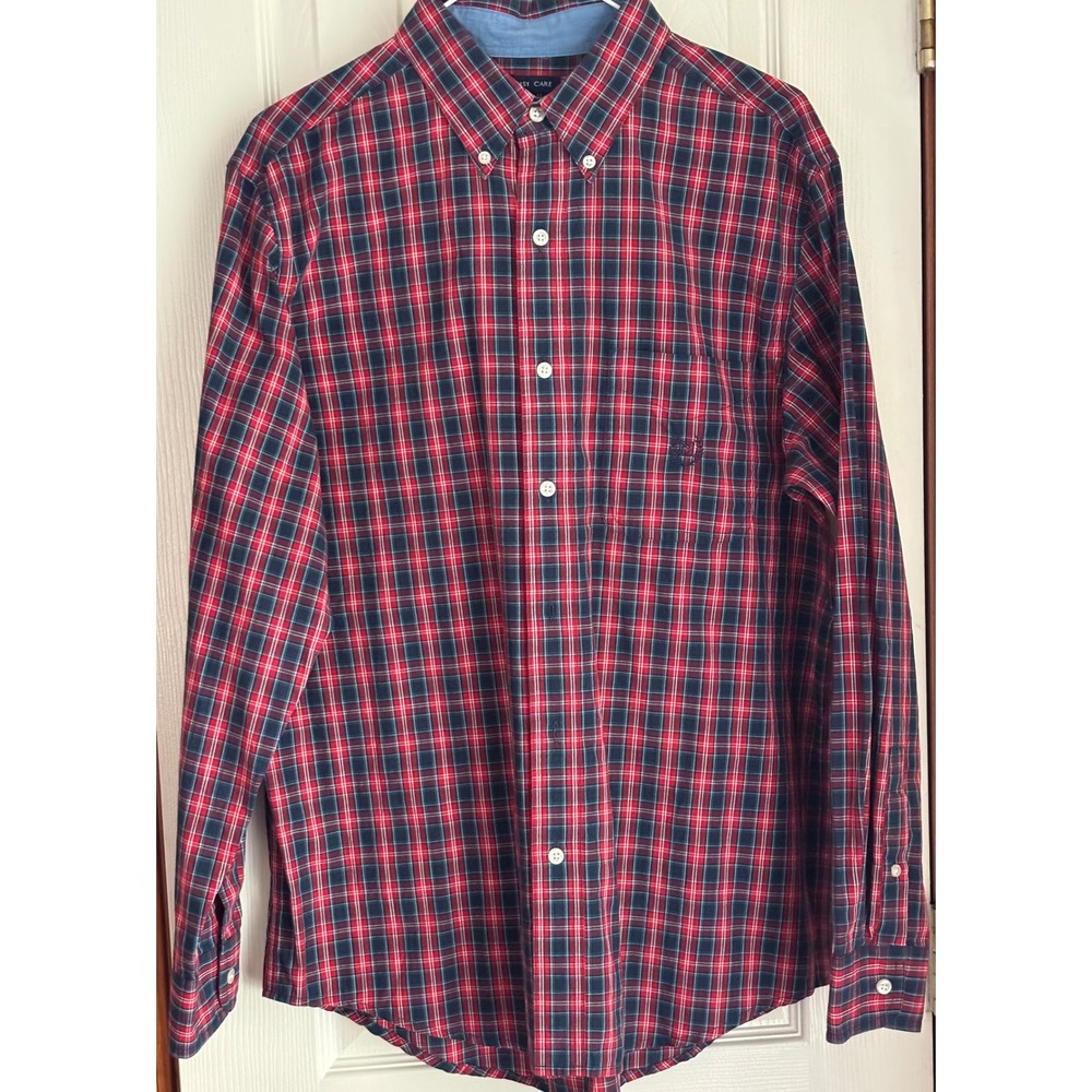 Chaps Mens Medium Red Blue Plaid Button Down Long Sleeve Shirt Easy Care